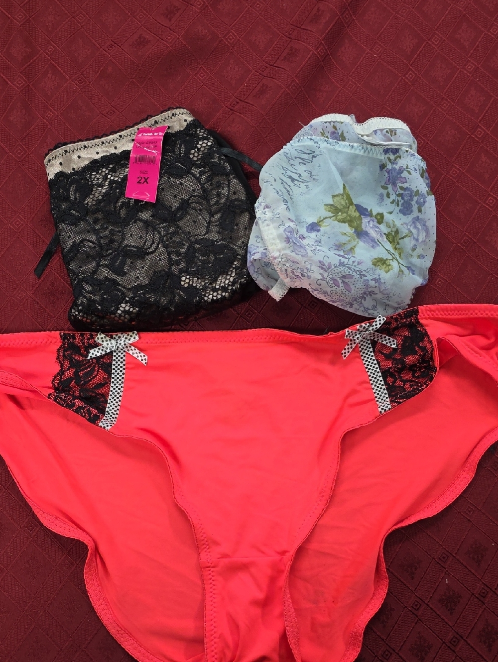 XOXO Coral Bikini Panties with Black Lace Trim